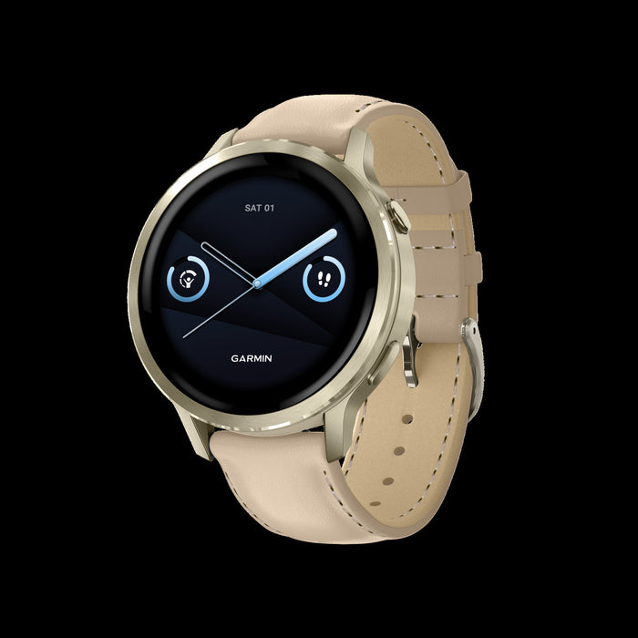 Montre intelligente Garmin Venu 4 41 mm en cuir dore premium - Suivi de style de vie, application ECG, alarme de reveil intelligente, rapport du soir, profils de triathlon, mode fauteuil roulant