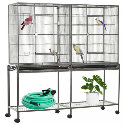 Pawhut 64" Extra Large Bird Cage, Rolling Metal Parrot Cage, Bird House With Detachable Rolling Stand, Storage Shelf, Wood Perch, Food Container, 62.8" X 18.9" X 64.2"