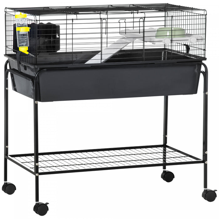 Pawhut Cage Pour Petits Animaux, Cage Roulante De 35 Po Avec Support Amovible, Distributeur D'eau, Plat De Nourriture, Rampe, Roues, Pour Lapin, Furet, Chinchilla, Gris Fonce