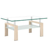 Table basse moderne rectangulaire en verre trempe transparent Liam, finition chene