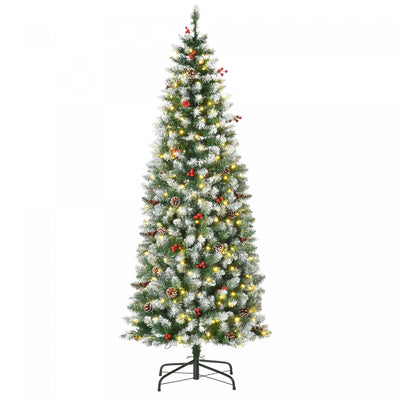 Homcom 6' Prelit Flocked Artificial Christmas Tree W/ Pine Cones, Berries|Homcom Arbre De Noel Artificiel 300 Lumieres Led Et 618 Embouts