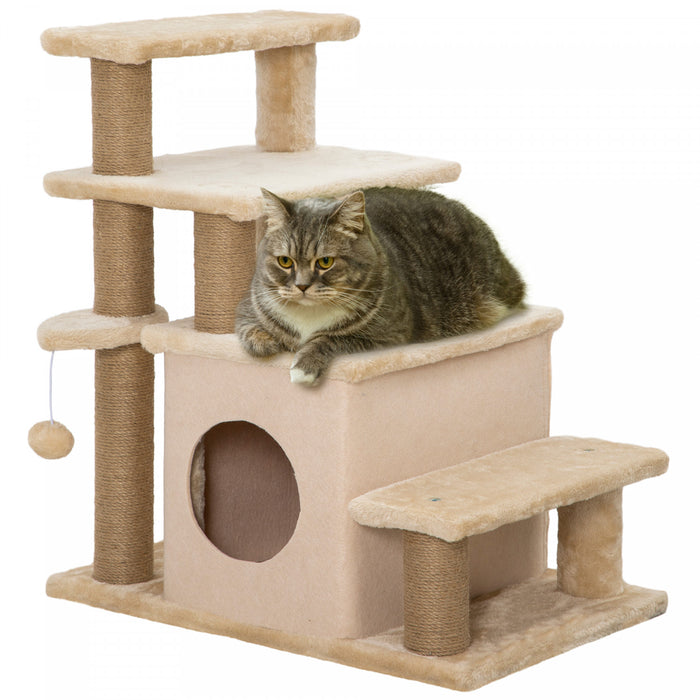 Pawhut Escaliers Pour Chats Avec Poteaux A Gratter Sisal Hauteur Reglable, Arbre A Chat Confortable, Marches Pour Animaux Pour Canape Et Lit Haut Avec Balle Suspendue