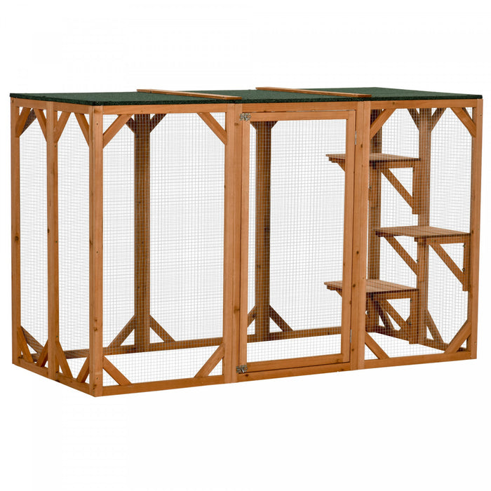 Pawhut Maison D'exterieur En Bois Pour Chat Cage Interieure Avec Toit En Asphalte, Plateformes A Plusieurs Niveaux Et Grande Porte D'entree - 71\"l, Orange