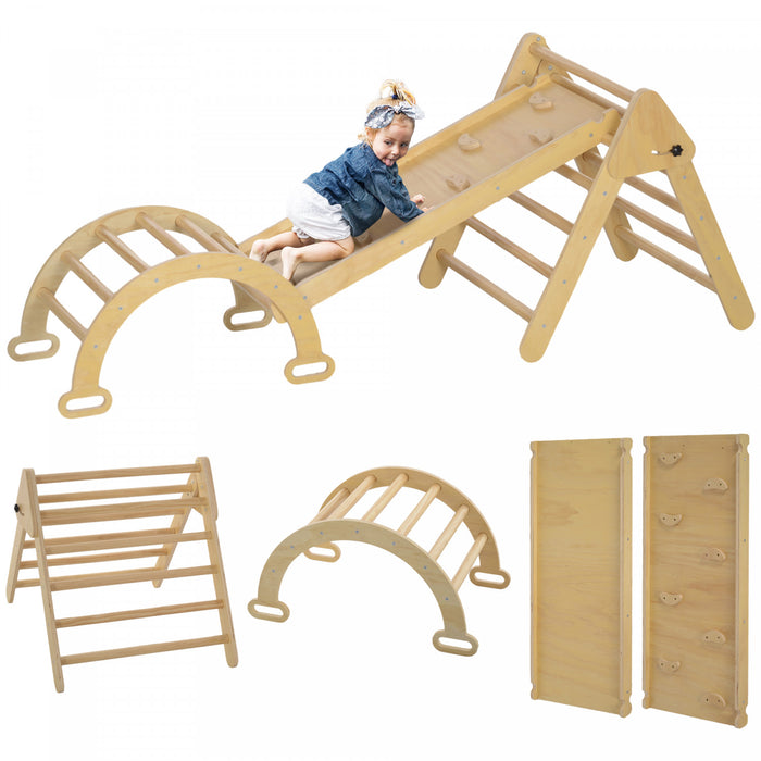 Qaba Ensemble Triangle 5 En 1, Jouets D'escalade Pour Tout-petits, Salle De Gym Pour Bebe Avec Echelle, Rampe, Arche, Pour Escalader, Glisser, Pour18-48 Mois, Bois Naturel
