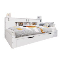 Banquette-lit Liam avec tiroirs de rangement et etageres integrees, taille full, blanc