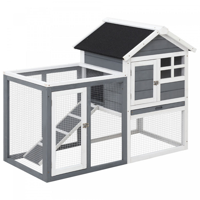 Pawhut 48\" Cage A Lapins Clapier En Bois Resistant Aux Intemperies Avec Toit Incline Et Enclos Exterieur Grillage, Gris
