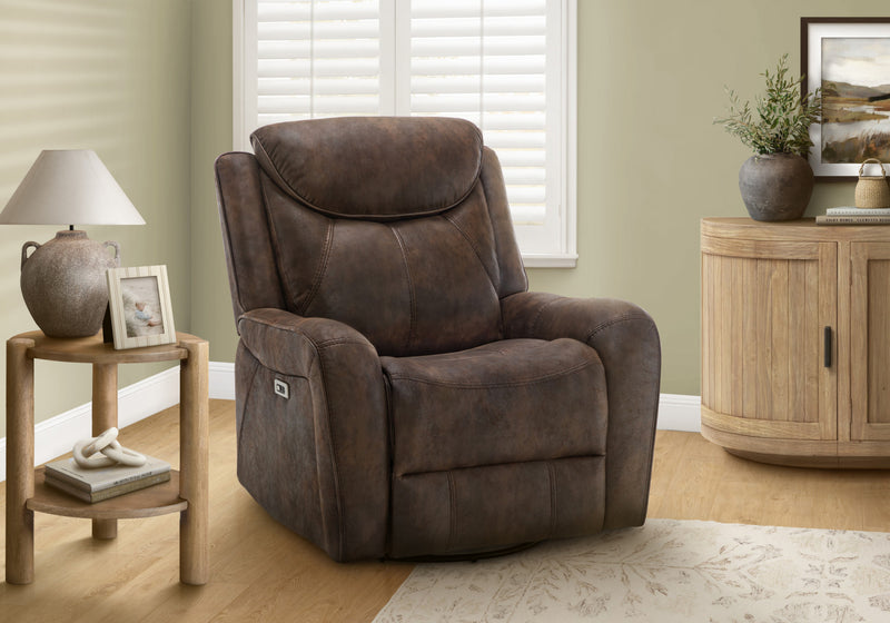 Fauteuil Inclinable Electrique, 37\"L, Planeur, Pivoter, Port Usb Inclus, Aspect Cuir Brun