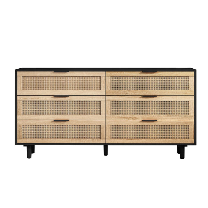Meuble de rangement moderne Mila a 6 tiroirs en rotin avec structure en bois manufacture, noir, 150 cm