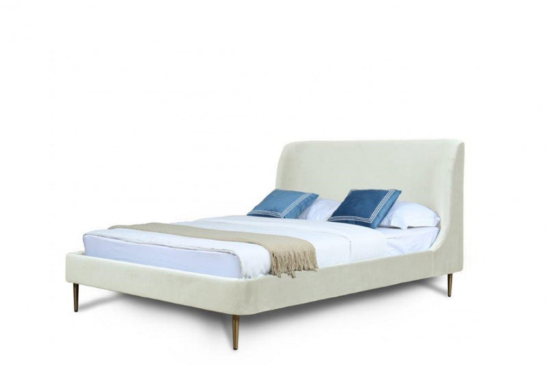 Lit Queen Heather style milieu du siecle moderne, rembourre en velours creme et or
