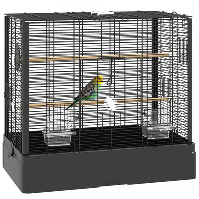 Pawhut 22" Bird Cage For Budgie, Finches, Canaries, Love Birds, Large Parrot Cage With Wooden Stands, Slide-out Tray, Handle, Food Containers, Black