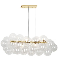 Luminaire suspendu horizontal Comet de Dainolite en verre transparent, avec fini laiton vieilli et 10 ampoules
