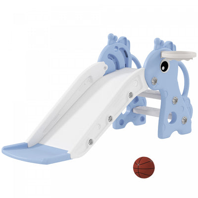 Qaba Toddler Slide, 3 in 1 Kids Slide for Toddler Aged 1-3 with Climber, Basketball Hoop and Ball, Baby Playset with Giraffe Design, for Indoor and Outdoor Play, Blue