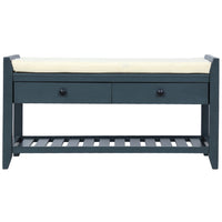 Banc A Chaussures Stephanie En Pin Avec Siege Rembourre Et Tiroirs De Rangement, Bleu Marine Antique