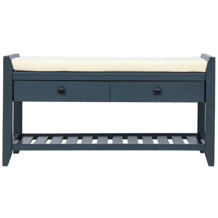 Banc A Chaussures Stephanie En Pin Avec Siege Rembourre Et Tiroirs De Rangement, Bleu Marine Antique