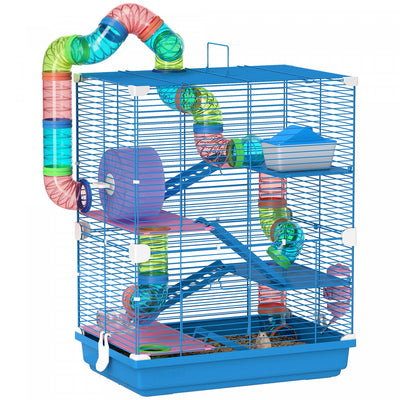 PawHut 5 Tiers Hamster Cage Portable Animal Travel Carrier Habitat with Exercise Wheels Play Tube Water Bottle Dishes House Ladder for Gerbils, Dark Blue