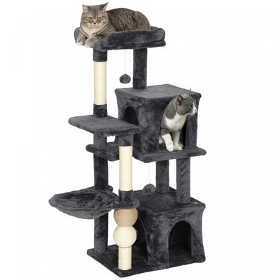 Pawhut Cat Tree, 42" Cat Tower For Indoor Cats Multi-level With Padded Plush Perch, Cozy Hammock, 2 Door Condos, Scratching Posts, Toy Balls, Dark Grey