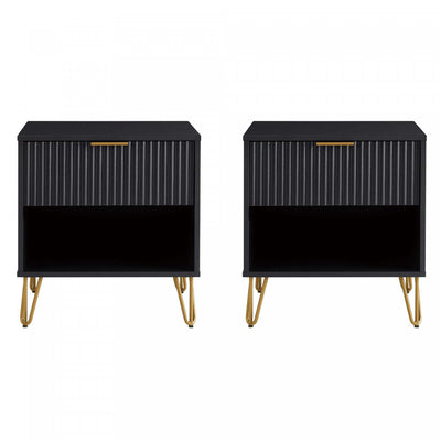Dumbo Modern 20" Fluted Nightstand in Black (1-Drawer) - Set of 2 | Table de nuit moderne Dumbo 20" a cannelures en noir (1 tiroir) - Lot de 2