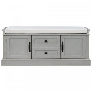 Banc De Rangement Boyce En Bois Massif Avec Meuble A Chaussures 4 Portes Et Coussin, Gris Patine
