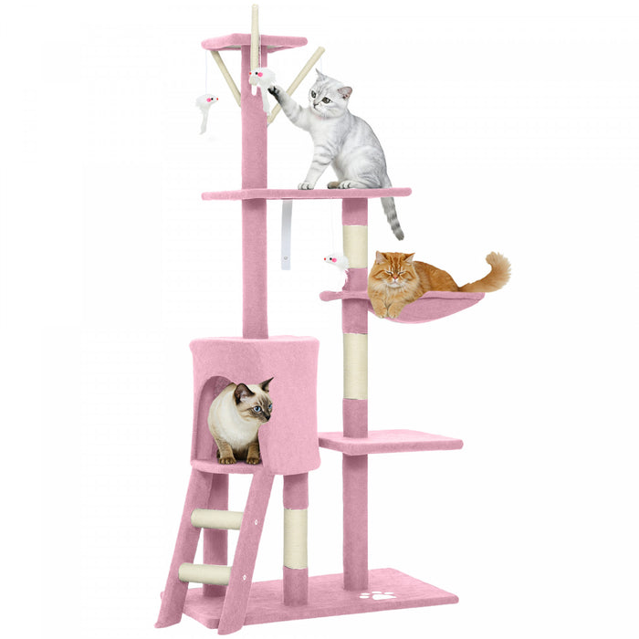 Arbre a chat PawHut, tour de 135 cm pour chatons d'interieur avec poteaux a griffer en sisal, perchoirs moelleux, niche, hamac, echelle, jouets suspendus, centre d'activites multiniveaux pour chatons, rose
