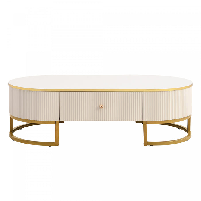 Table Basse Ovale Edison De 47,2\" En Bois Composite Avec Tiroirs De Rangement, Blanche