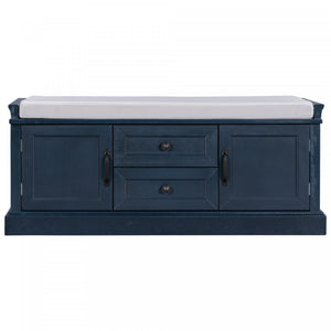 Banc De Rangement Boyce En Bois Massif Avec Meuble A Chaussures 4 Portes Et Coussin, Bleu Marine Antique