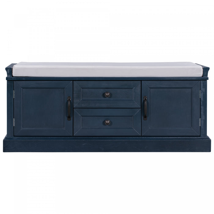 Banc De Rangement Boyce En Bois Massif Avec Meuble A Chaussures 4 Portes Et Coussin, Bleu Marine Antique