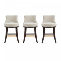 Tabouret de comptoir moderne en chenille Lucia avec structure en bois, naturel - Lot de 3