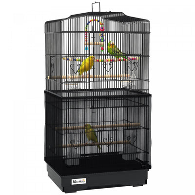Pawhut 36" Bird Cage For Finches, Canaries Budgies, Parrot Cage With Accessories, Handle, Mesh Cover, Tray, Black