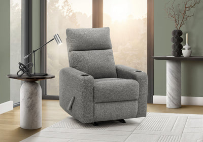 MONARCH SPECIALTIES 30" WIDE UPHOLSTERED RECLINING CHAIR, MANUAL ROCKER, CUP HOLDERS, DARK GREY FABRIC RECLINER | MONARCH SPECIALTIES FAUTEUIL 30 PO DE LARGEUR INCLINABLE REMBOURRE, FAUTEUIL BERCANT MANUEL, TISSU GRIS FONCE