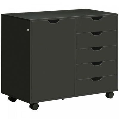 HOMCOM Modern Mobile 5-Drawer Chest with Door, Office Storage Cabinet Black