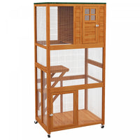 Pawhut Cage A Chat, Grand Catio, Enclos D'exterieur En Bois Pour Chat Avec Roulettes, Toit Resistant