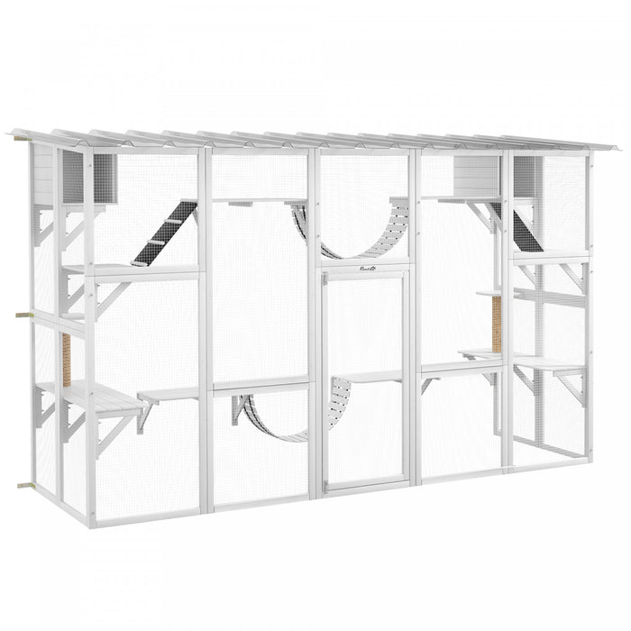 Pawhut Catio Maison D'exterieur Pour Chat Avec Toit De Protection Contre Les Intemperies Pour Plusieurs Chatons, Cadre En Bois, Etageres Et Ponts, 118\" X 37.5\" X 74\" , Blanc