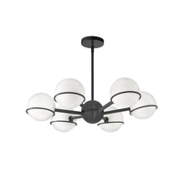Lustre Sofia de Dainolite en verre blanc opale, avec fini noir mat et 6 ampoules