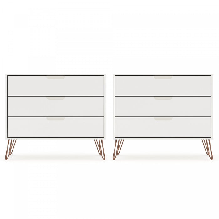 Commode Rockefeller Mid-Century Modern 89 cm en blanc (3 tiroirs) – Lot de 2