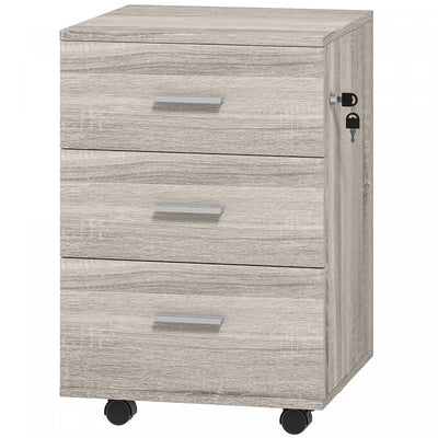 Vinsetto 3 Drawer File Cabinet with Lock and Wheels, Grey Wood Grain