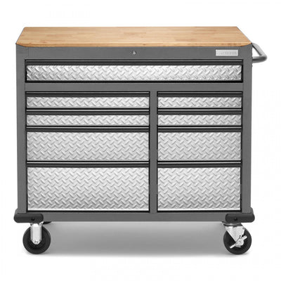 Gladiator Premier 41" 9-Drawer Mobile Tool Workbench with Solid Wood Top - Silver Tread|Établi mobile de série Premier de 41 po à 9 tiroirs avec dessus en bois massif de Gladiator - bande de roulement argentée