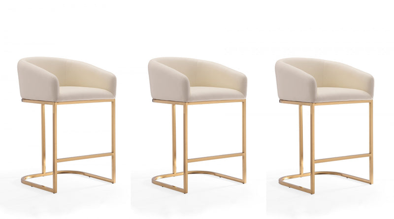 Tabouret de comptoir rembourre en metal style mid-century Louvre, creme - Lot de 3
