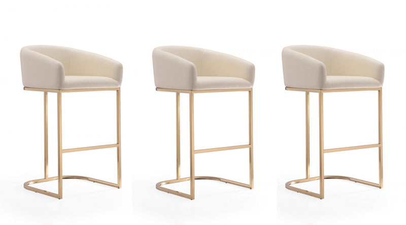 Tabouret de bar rembourre en metal style mid-century moderne Louvre, creme - Lot de 3