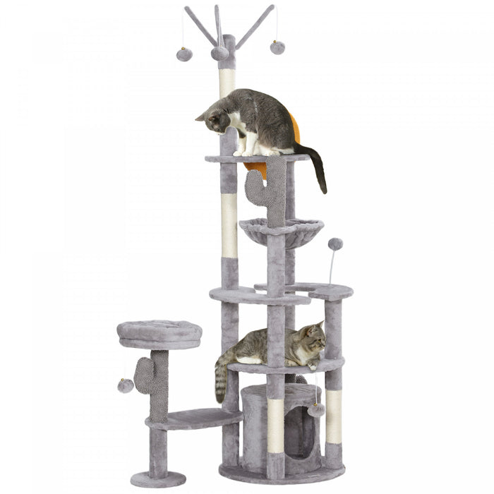 Pawhut Arbre A Chat De 71\" De Haut, Tour A Plusieurs Niveaux Pour Chats Avec Griffoirs, Coussin En Sisal, Lit, Hamac, Plates-formes, Centre D'activite Pour Chat, Gris Clair