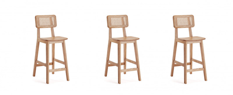 Tabouret de comptoir en bois a dossier cannage style industriel chic Versailles, naturel - Lot de 3