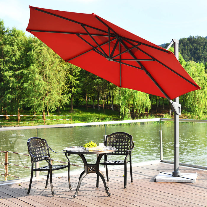 Costway Parasol deporte 11ft pour terrasse a rotation cantilever, aluminium, inclinable, base croisee, vin