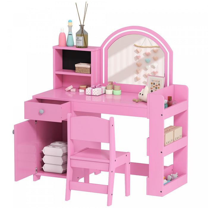 Qaba Ensemble de Coiffeuse pour Enfants, Miroir Lumineux, Tabouret, Rose