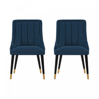 Chaise de salle a manger moderne en bois Eda avec revetement en tissu bleu nuit - Lot de 2