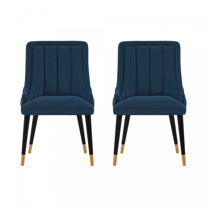 Chaise de salle a manger moderne en bois Eda avec revetement en tissu bleu nuit - Lot de 2