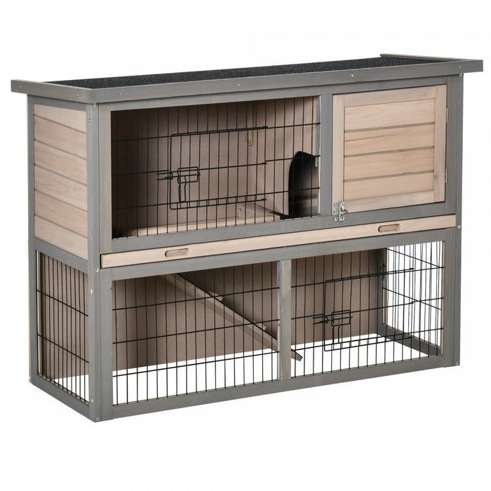 Pawhut Clapier A Lapin A 2 Etages Cage A Lapin Pour Petit Animal Avec Plateau Coulissant, Enclos, Dessus Ouvrable, Rampe, Pour Interieur Exterieur 42.5\" X 18\" X 31\"