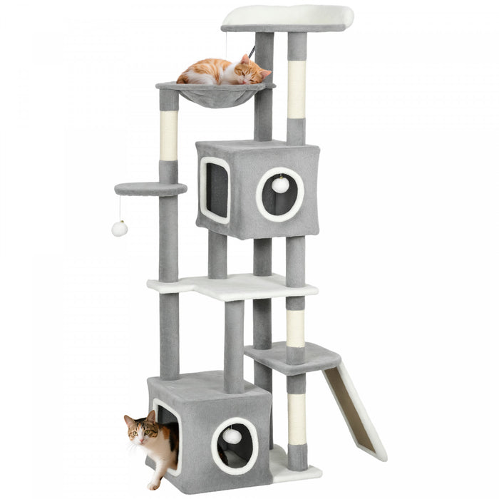 Tour a chat PawHut, arbre a chat de 43 cm avec griffoir en jute, centre d'activites pour chatons avec griffoir incurve, balle suspendue avec clochette, gris