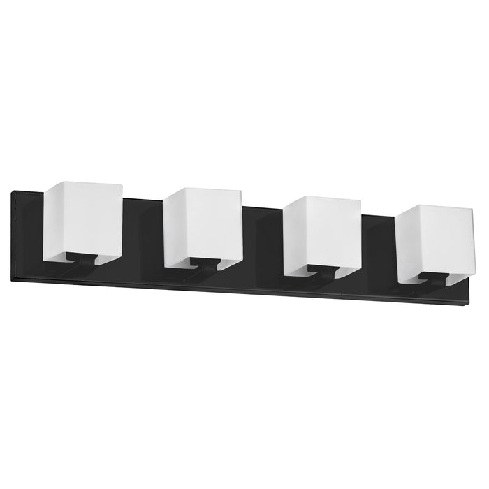 Lumière de coiffeuse Verona de Dainolite avec abat-jour en verre blanc, fini noir mat et 4 ampoules