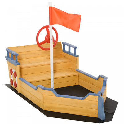 Kids Wooden Sandbox Pirate Ship Sandboat Outdoor Backyard Playset Children Play Station W/ Bench Sea|Bac A Sable En Bois Pour Enfants Bateau Pirate Enfants Jardin Exterieur Station De Jeu Avec Banquett