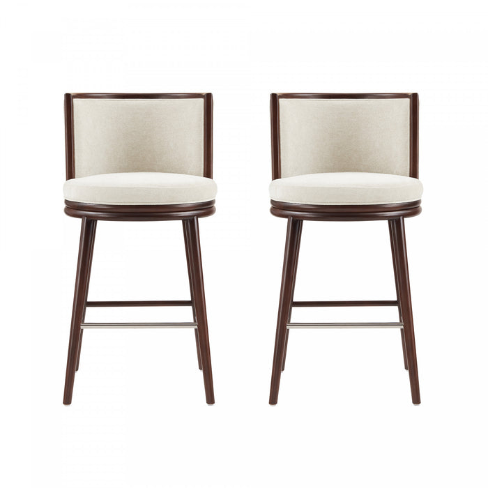 Tabouret de bar moderne en bois et tissu creme Evalyn - Lot de 2