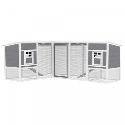 PawHut 99" Wooden Chicken Coop, Corner Design Rabbit Hutch with Run and 2 Houses, Outdoor Hen House with Waterproof Roof and Ramps for Backyard, Grey